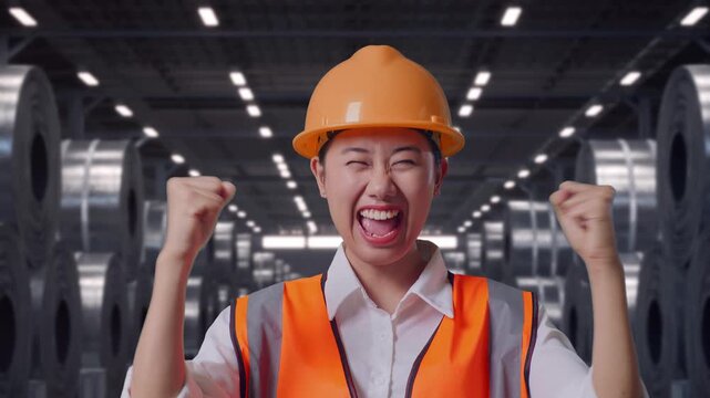 Close Up Of Asian Female Engineer With Safety Helmet Screaming Goal And Dancing Celebrating with Stacks of Huge Metal Steel Coils in Warehouse