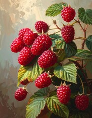 Detailed painted illustration of vibrant ripe raspberries on a branch