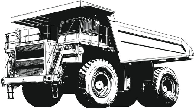 Heavy-duty off-highway dump truck vector illustration, industrial mining vehicle for earth moving and material hauling.