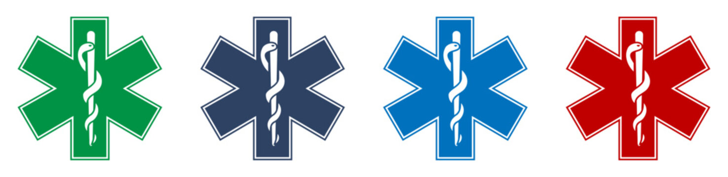 Set of medical emergency star of life symbols in green, navy, blue and red colors. Vector illustration showing healthcare and ambulance icons for hospital, clinic and emergency service designs.