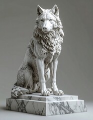 Detailed, serene statue of a wolf made of marble with elegant lines