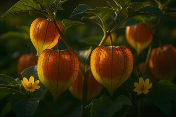 Physalis alkekengi fruits with lantern husks natural warm contrast