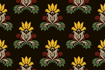 Embroidered Ikat flower pattern on a black background. Traditional ethnic ikat, Aztec abstract vector pattern, seamless pattern in tribal, folk embroidery and Mexican style.
