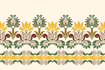 Embroidered Ikat flower pattern on a light yellow background. Traditional ethnic ikat, Aztec abstract vector pattern, seamless pattern in tribal, folk embroidery and Mexican style.