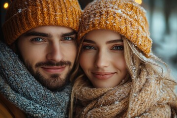 Couple in winter clothes smiling at each other.