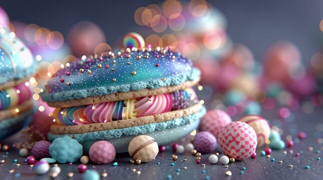 Colorful macaroons with a cosmic design adorned with sprinkles and glittering lights.