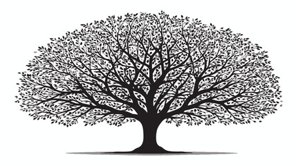 Detailed vector silhouette of a mature tree with dense foliage and branches, black and white graphic design element symbolizing nature and life.