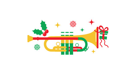 Obraz premium Festive Christmas Trumpet Illustration with Holly Gift and Holiday Decorations.