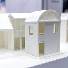 Detailed white architectural model with multiple structures and arch detail