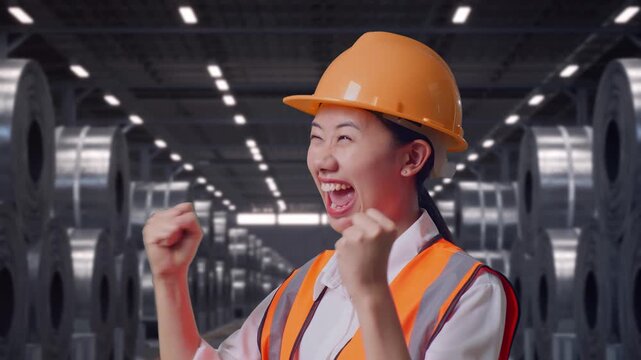 Close Up Of Side View Of Asian Female Engineer With Safety Helmet Screaming Goal Celebrating Working with Stacks of Huge Metal Steel Coils in Warehouse
