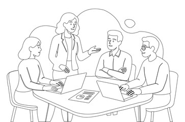 Flat Line Art Illustration of a Business Team Meeting
