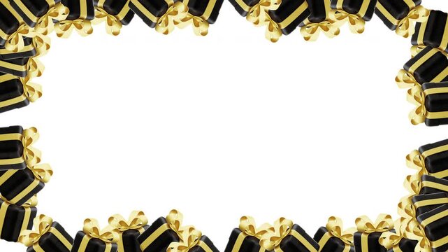 Elegant giftbox frame of presents with golden bows. Perfect for holiday designs and festive celebrations visual concepts.