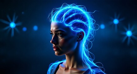 A mesmerizing artistic rendering showcasing a female figure with radiant blue energy flowing through her, symbolizing intellect, technology, and futuristic concepts
