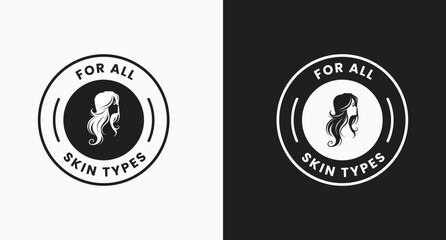For all skin types label icon set. Face beauty women skin care packaging label for cream, toner, moisturizer, facial mask, lotion, logo, badge, symbol, black, line vector, isolated on white background