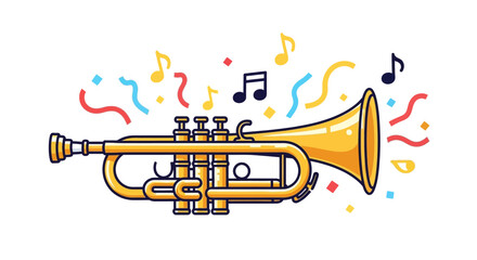 Obraz premium Golden Trumpet with Musical Notes and Confetti Illustration.