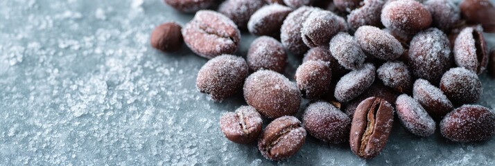 Frost-covered coffee beans rest on a cool surface, capturing the essence of freshness and craftsmanship in a chilly morning setting.