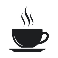 Black silhouette of a steaming coffee cup and saucer on a white background vector