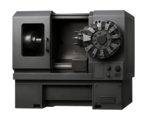 CNC lathe with tool turret for industrial manufacturing use.