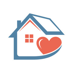 Blue house outline with red heart inside and swoosh home love