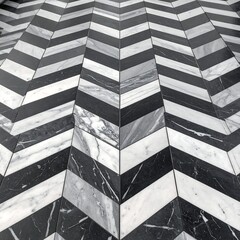 Diagonal zig-zag patterned flooring, black, white, and gray hues
