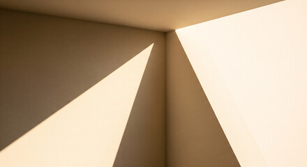 Abstract architectural detail of sunlight casting geometric shadows in a warm, textured corner. A minimalist background representing simplicity, focus, and modern design with clean lines