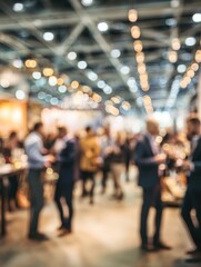 A bustling exhibition hall filled with conversations and laughter, as attendees mingle and enjoy wine tastings. Blurred figures in suits create a vibrant atmosphere
