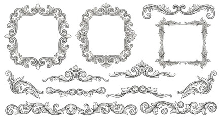 Fototapeta premium Elegant Ornate Vector Frames, Decorative Borders, and Flourishes Set | Classic Baroque Scrollwork for Vintage Design and Invitations