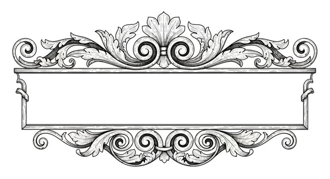 Hand drawn baroque style decorative banner frame with detailed acanthus leaf scrolls and filigree ornamentation
