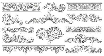 A vintage collection of ornate scroll flourishes, elegant acanthus leaves, and decorative baroque style border elements for design