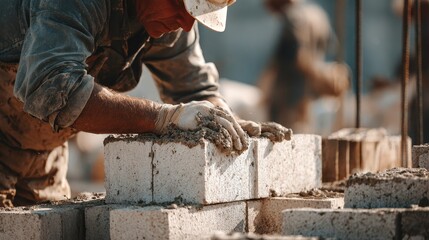Construction worker carefully lays cinder blocks with gloved hands and mortar. Use to illustrate construction, skilled labor, or the building trades.