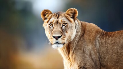 Naklejka premium ferocity. Lioness portrait with intense gaze and detailed fur in golden savannah setting. wildlife magazines, conservation campaigns, designed for wildlife conservation campaigns. 