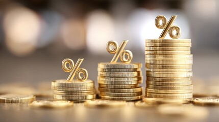A visually striking composition of golden coins stacked high, featuring plus and percentage symbols. This representation conveys themes of financial growth and business success in an abstract setting.