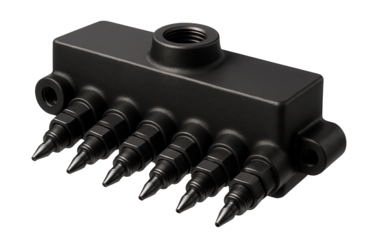 Multi-outlet lubricant distribution manifold for automated machinery lubrication.