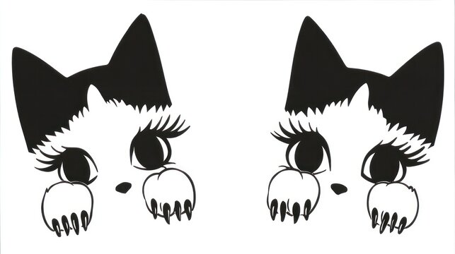 Black and white cat illustration with large eyes and whiskers
