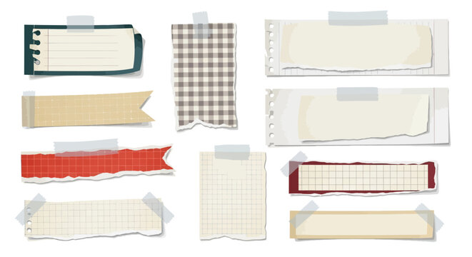 Collection of various torn paper scraps and sticky notes with tape, on a white background