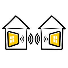 Two houses communicating with sound waves symbolizing neighborly connection in a friendly style
