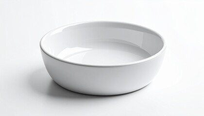 Plain white ceramic bowl with smooth glossy finish and slightly rounded edges, placed on white surface with light background, photographed from elevated angle to show interior and circular base.