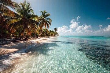 A tropical beach with turquoise waters and palm trees, evoking a sense of relaxation and vacation.