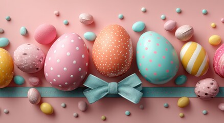 Brightly colored Easter eggs and candy arranged in a delightful flat lay against a pastel pink background, accented by polka dots and a charming ribbon bow, celebrating the festive spirit.