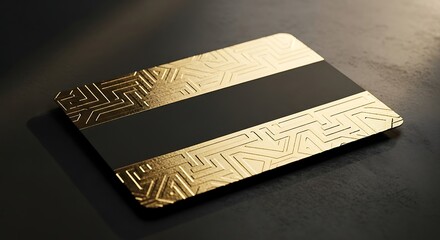 Fototapeta premium Elegant gold credit card with intricate patterns resting on a textured surface, soft lighting highlights details