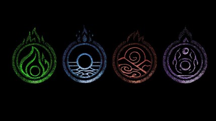 Elemental symbols in a row on black background for design purposes