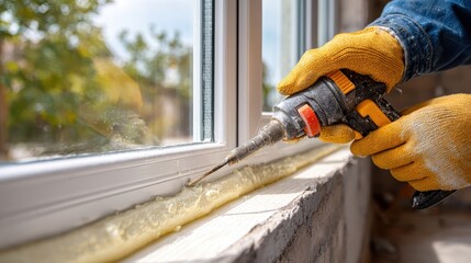Worker uses foam sealant to insulate a window frame indoors. Showcases insulation and home improvement, also efficiency.