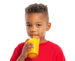 Young Boy Enjoying a Refreshing Glass of Orange Juice isolated on a transparent background
