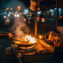 Indonesian fried rice cooked and served from a street food cart at night.