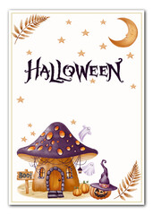 Watercolor frame with “Halloween” lettering, a whimsical mushroom house, ghosts, pumpkins, and a glowing moon. Perfect for holiday cards, party decor, and seasonal invitations.