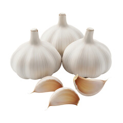 Three whole white garlic bulbs and four peeled cloves, arranged, cutout, PNG isolated on white or transparent background