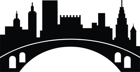 Stone Arch Bridge & Minneapolis Skyline Silhouette, Minneapolis Skyline with Stone Arch Bridge Vector Illustration