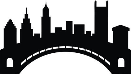 Fototapeta premium Stone Arch Bridge & Minneapolis Skyline Silhouette, Minneapolis Skyline with Stone Arch Bridge Vector Illustration