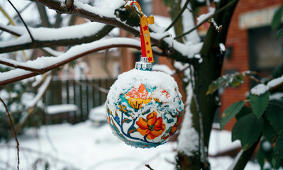 Colorful Christmas ornament with floral folk design covered in snow, hanging on a winter tree branch. Perfect for seasonal cards, branding, and festive campaigns.