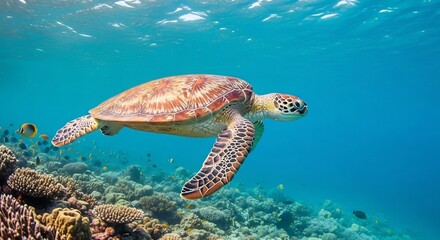 Obraz premium Sea Turtle in Coral Reef, Underwater Photography, Tropical Environment, Vibrant Viewpoint, Marine Life Concept